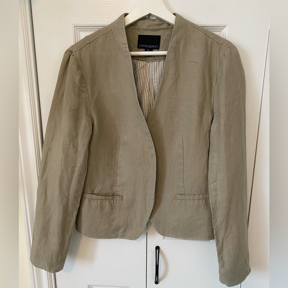 Cynthia Rowley 100% Linen Taupe Open-Front Tailored Blazer Size Large